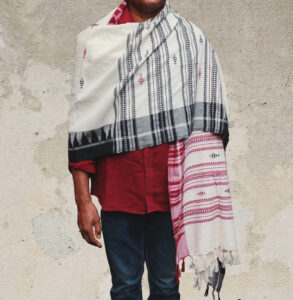 Red and White Dupatta with Fish Motifs in Red Tribal Motif