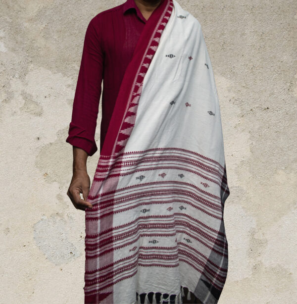 Red and White Dupatta with Fish Motifs in Red Tribal Motif - Image 2